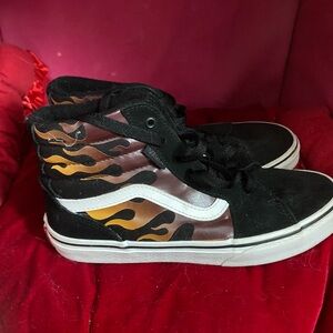 Vans Black and Orange Flame High-Top Sneakers